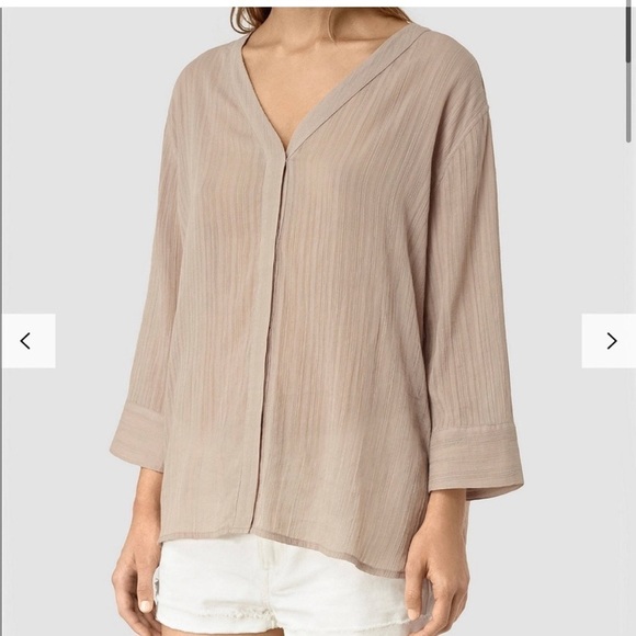 AllSaints | Wairyn Button Down Split Neck Blouse Shirt Size 4 Neutral Cotton - Picture 2 of 11